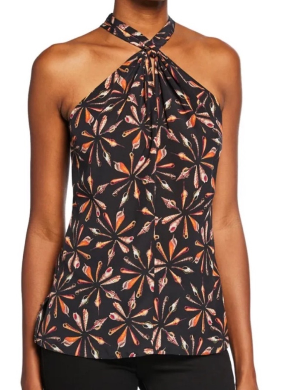 Kobi Halperin 100% Silk Sari Printed Seashell Halter Blouse Size S Black Elegant